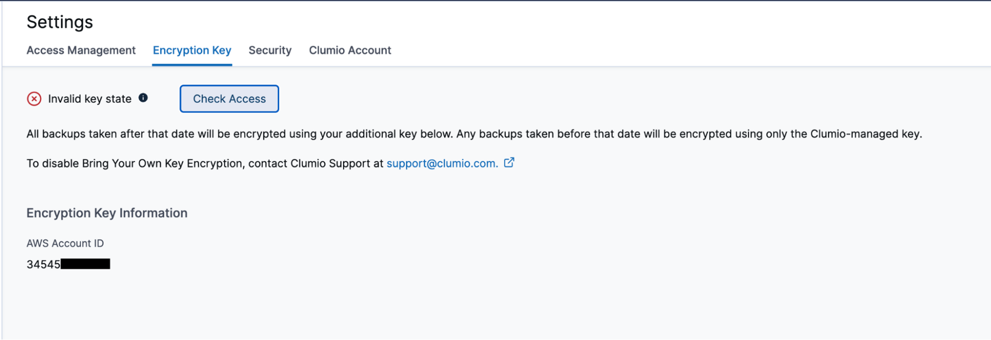 Screenshot of Clumio Encryption Key - Check Access