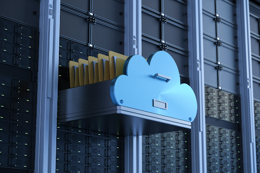 A cloud shaped drawer full of files being pulled out of a server stack. Represents the customer responsibility for backing up and protecting data within the resilient AWS infrastructure.