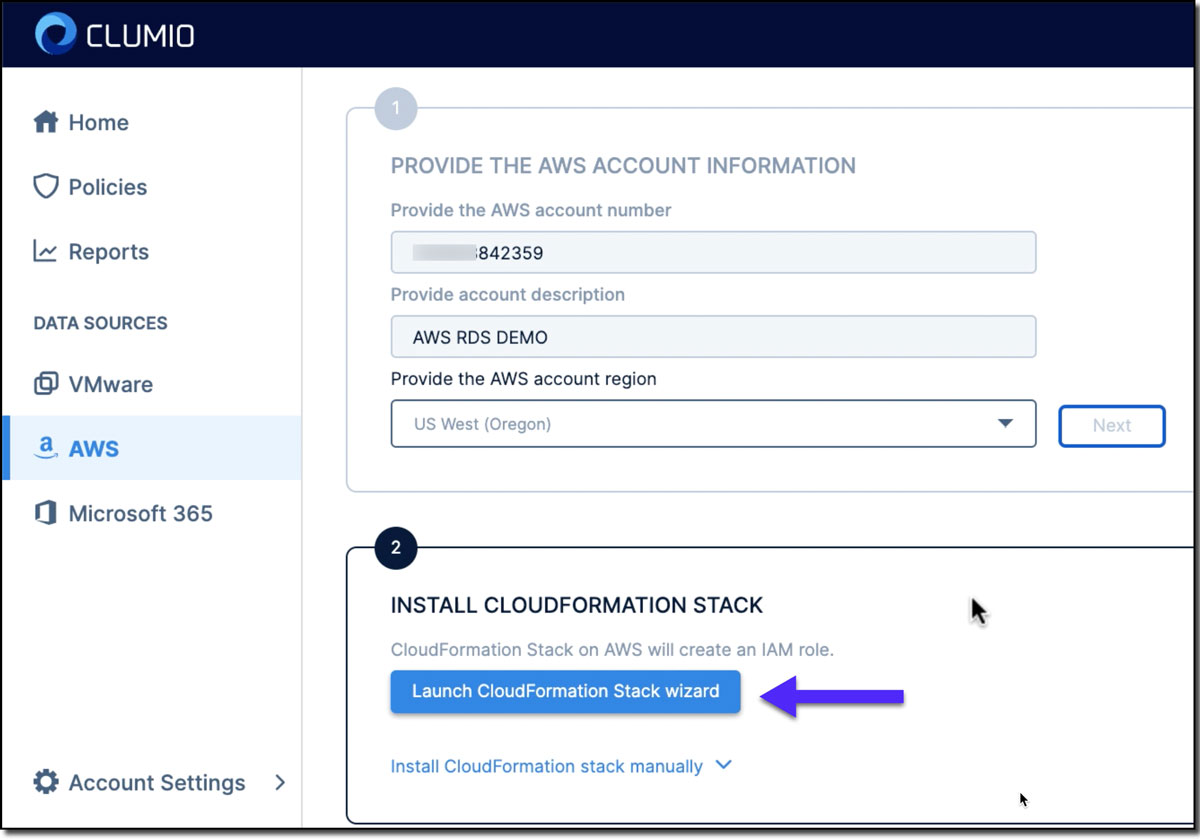 Step-by-step guide to configuring Clumio for AWS account: Operational Recovery for RDS (Figure 2)