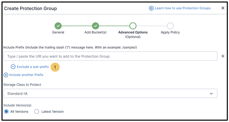 Step 2 in configuring protection groups for Amazon S3